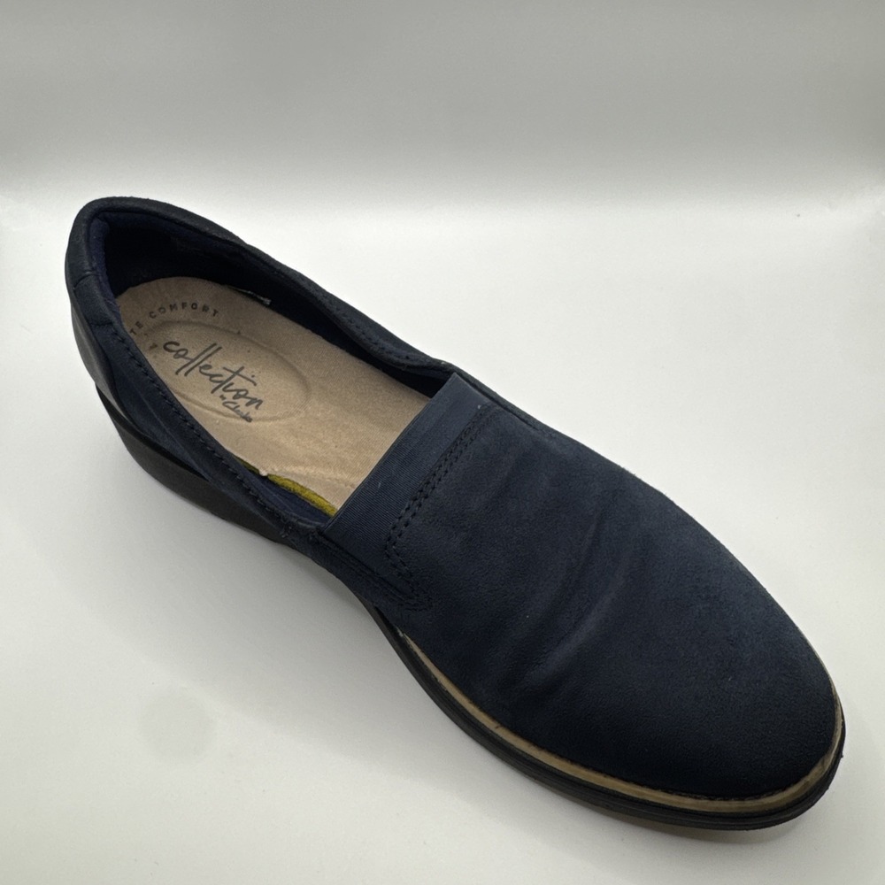 Clarks Womens Sharon Dolly Slip On Blue Suede Shoe Sz 9 M Low Wedge Loafer